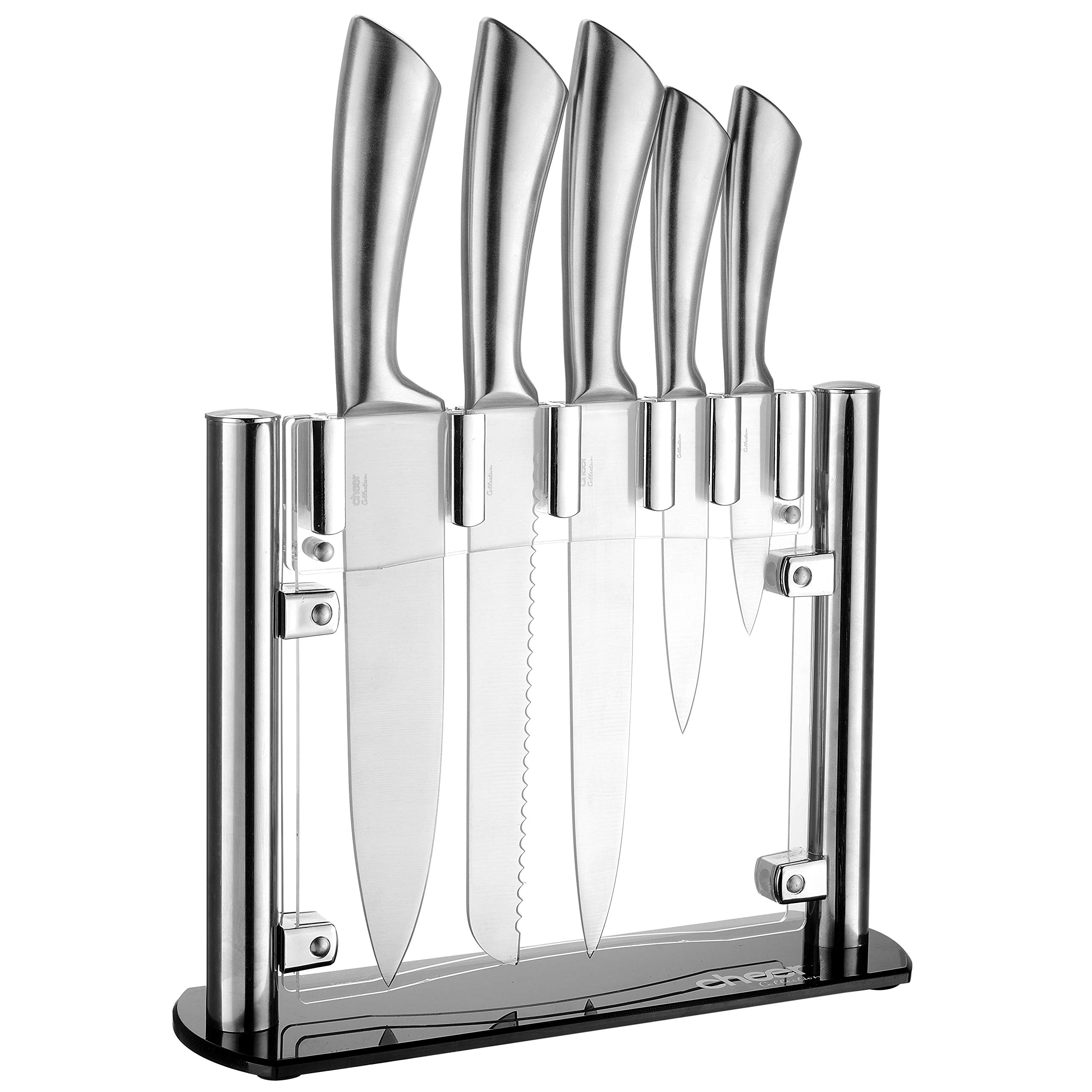 Cheer Collection Stainless Steel Chef Knife Set with Acrylic Stand (6-Piece) Professional Kitchen Utensils - Sharp Serrated and Standard Blades for Mincing, Chopping, Slicing