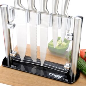 Cheer Collection Stainless Steel Chef Knife Set with Acrylic Stand (6-Piece) Professional Kitchen Utensils - Sharp Serrated and Standard Blades for Mincing, Chopping, Slicing