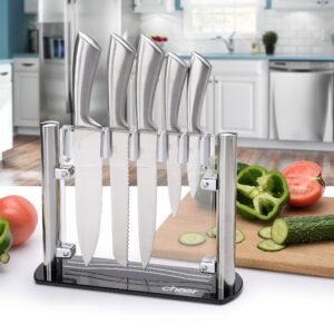 Cheer Collection Stainless Steel Chef Knife Set with Acrylic Stand (6-Piece) Professional Kitchen Utensils - Sharp Serrated and Standard Blades for Mincing, Chopping, Slicing