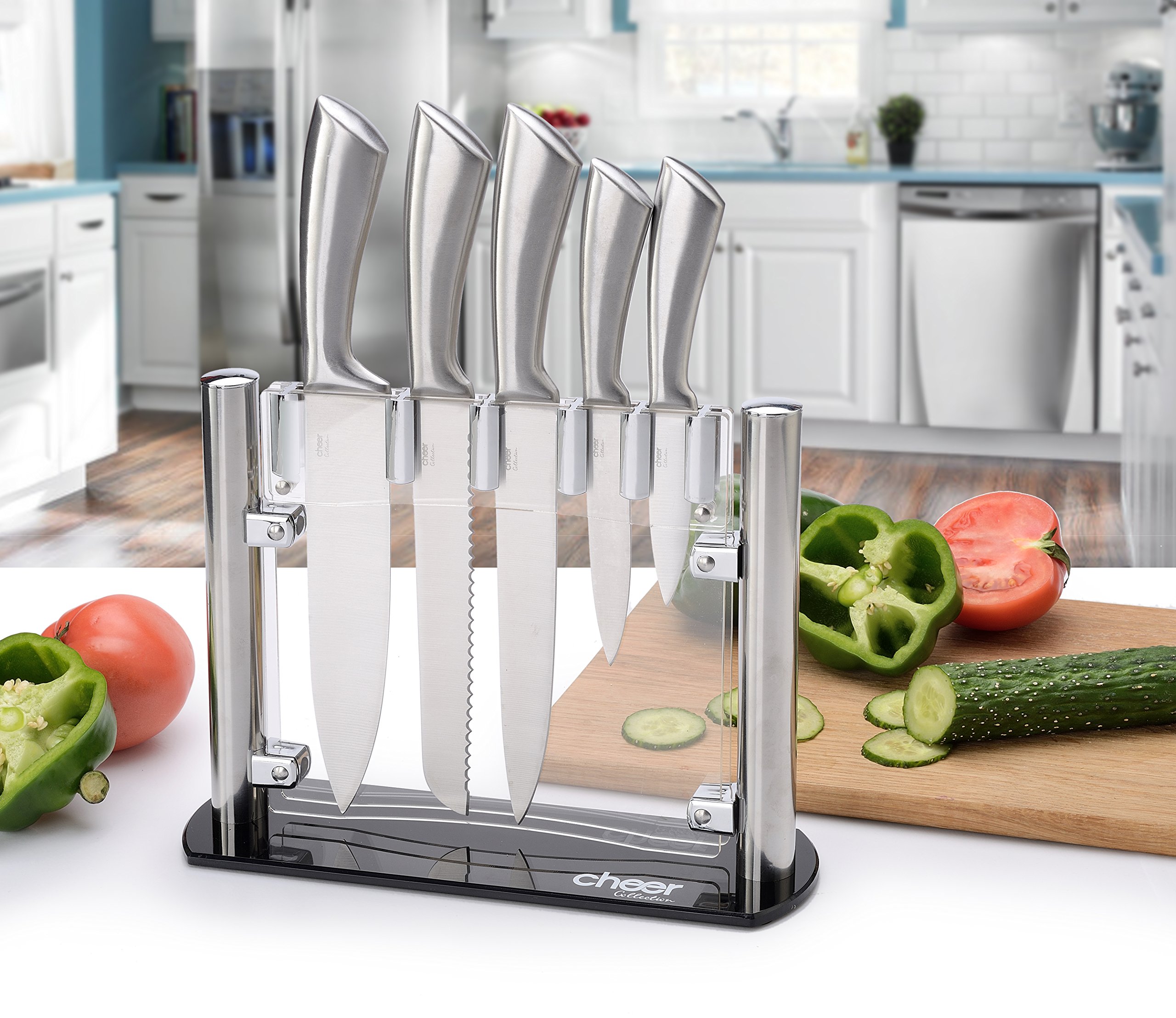 Cheer Collection Stainless Steel Chef Knife Set with Acrylic Stand (6-Piece) Professional Kitchen Utensils - Sharp Serrated and Standard Blades for Mincing, Chopping, Slicing