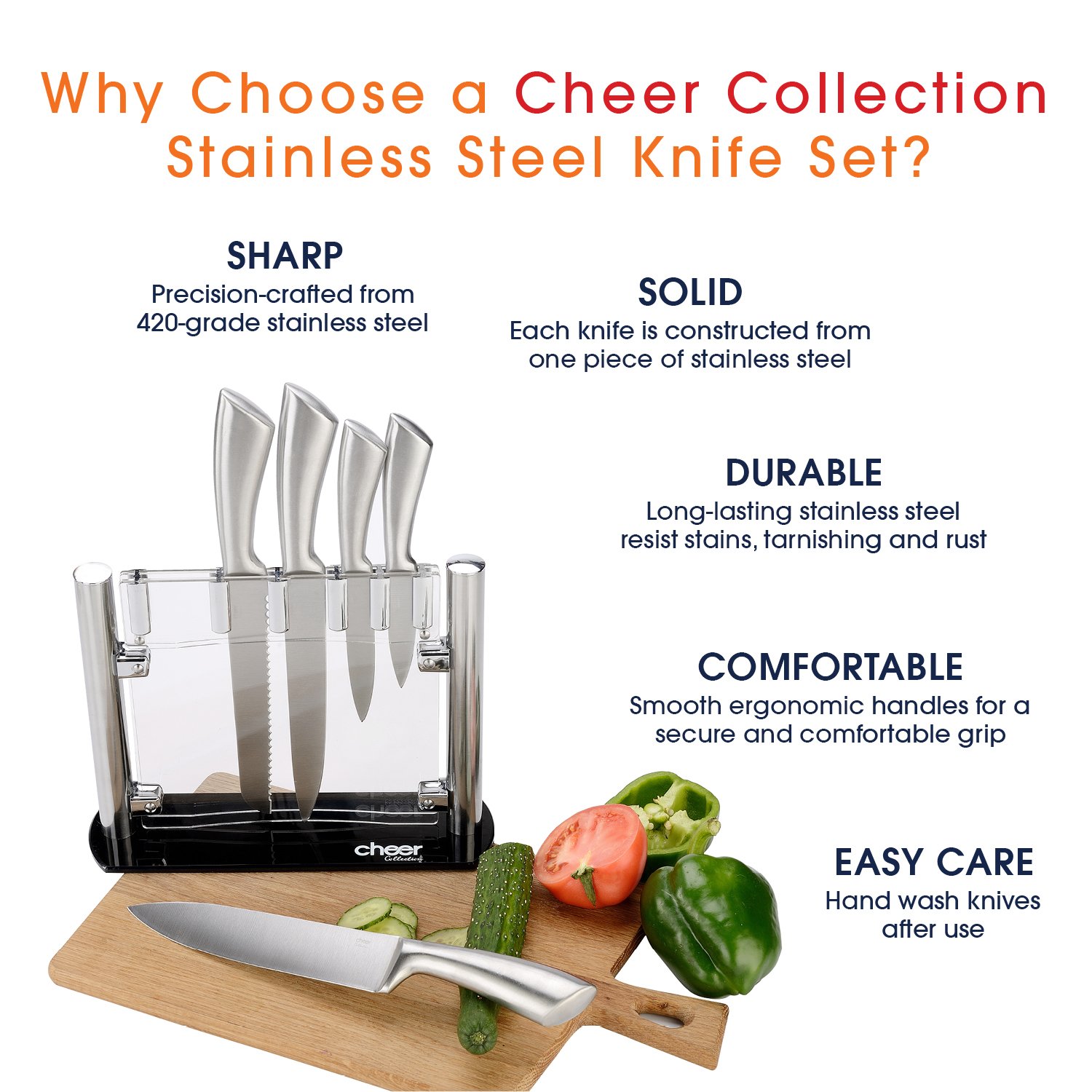 Cheer Collection Stainless Steel Chef Knife Set with Acrylic Stand (6-Piece) Professional Kitchen Utensils - Sharp Serrated and Standard Blades for Mincing, Chopping, Slicing