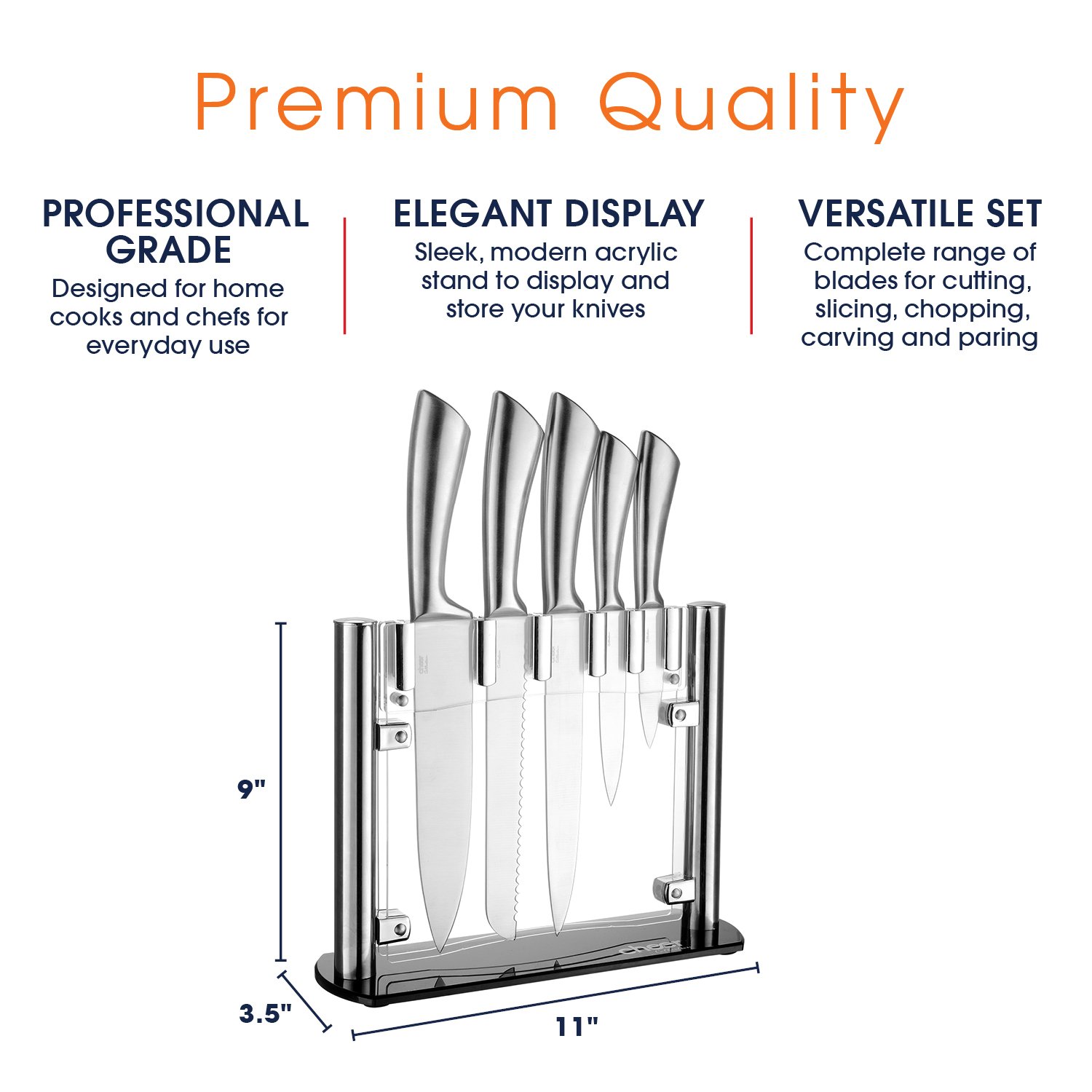 Cheer Collection Stainless Steel Chef Knife Set with Acrylic Stand (6-Piece) Professional Kitchen Utensils - Sharp Serrated and Standard Blades for Mincing, Chopping, Slicing