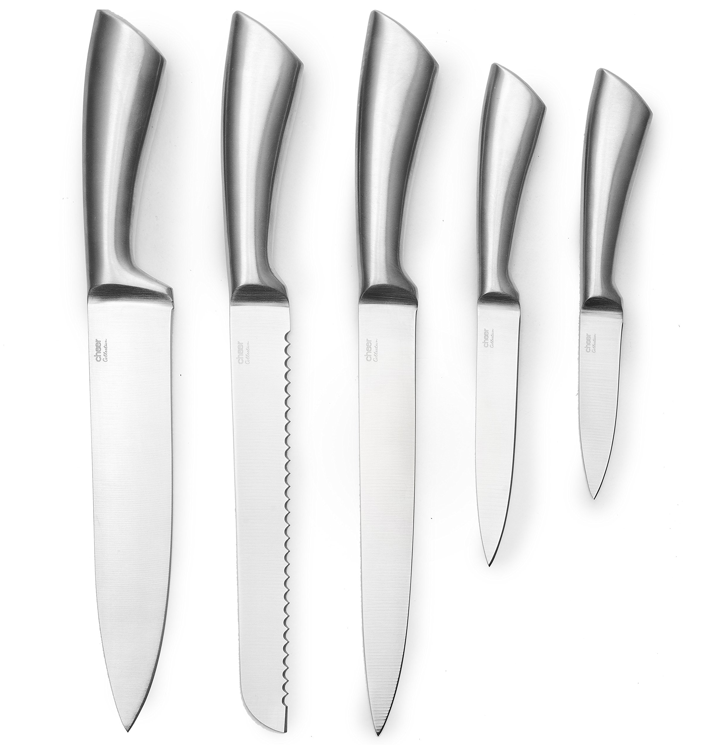 Cheer Collection Stainless Steel Chef Knife Set with Acrylic Stand (6-Piece) Professional Kitchen Utensils - Sharp Serrated and Standard Blades for Mincing, Chopping, Slicing