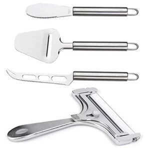 mtomdy 4 pieces stainless steel wire cheese slicer with cheese plane tool, adjustable thickness cheese cutter for soft, semi-hard, hard cheeses kitchen cooking tool