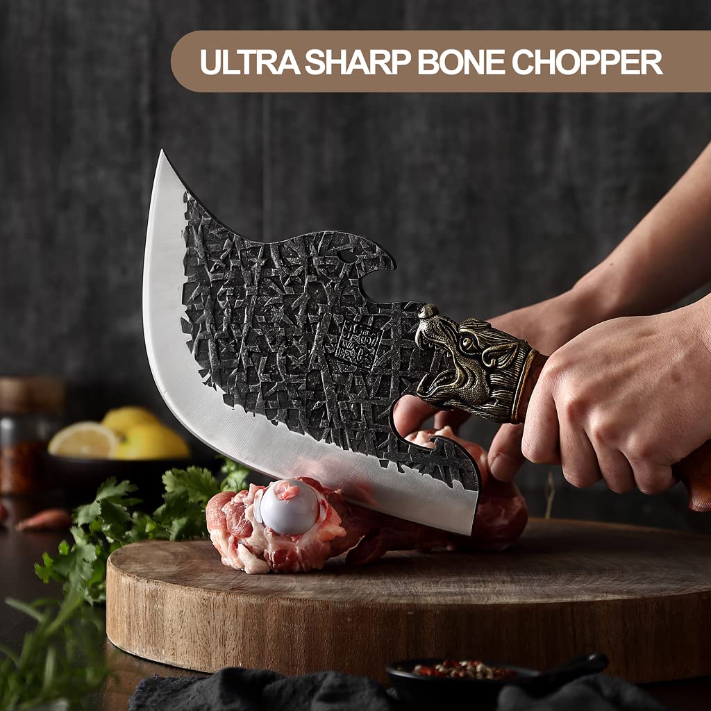 High Manganese Steel Blade Meat Chopper – Heavy Duty Butcher Knife – Heat Tempered Blade with Alloy Buckle – 0.24-inch Thick Cleaver Style Blade for Bones, Meat, Vegetables