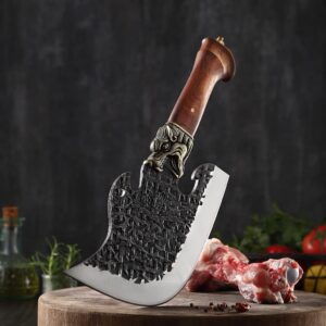 High Manganese Steel Blade Meat Chopper – Heavy Duty Butcher Knife – Heat Tempered Blade with Alloy Buckle – 0.24-inch Thick Cleaver Style Blade for Bones, Meat, Vegetables