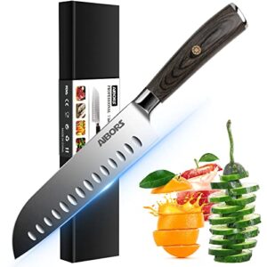 aibors santoku knife - 7 inch professional kitchen knife with german stainless steel 7cr17mov, ergonomic pakkawood handle