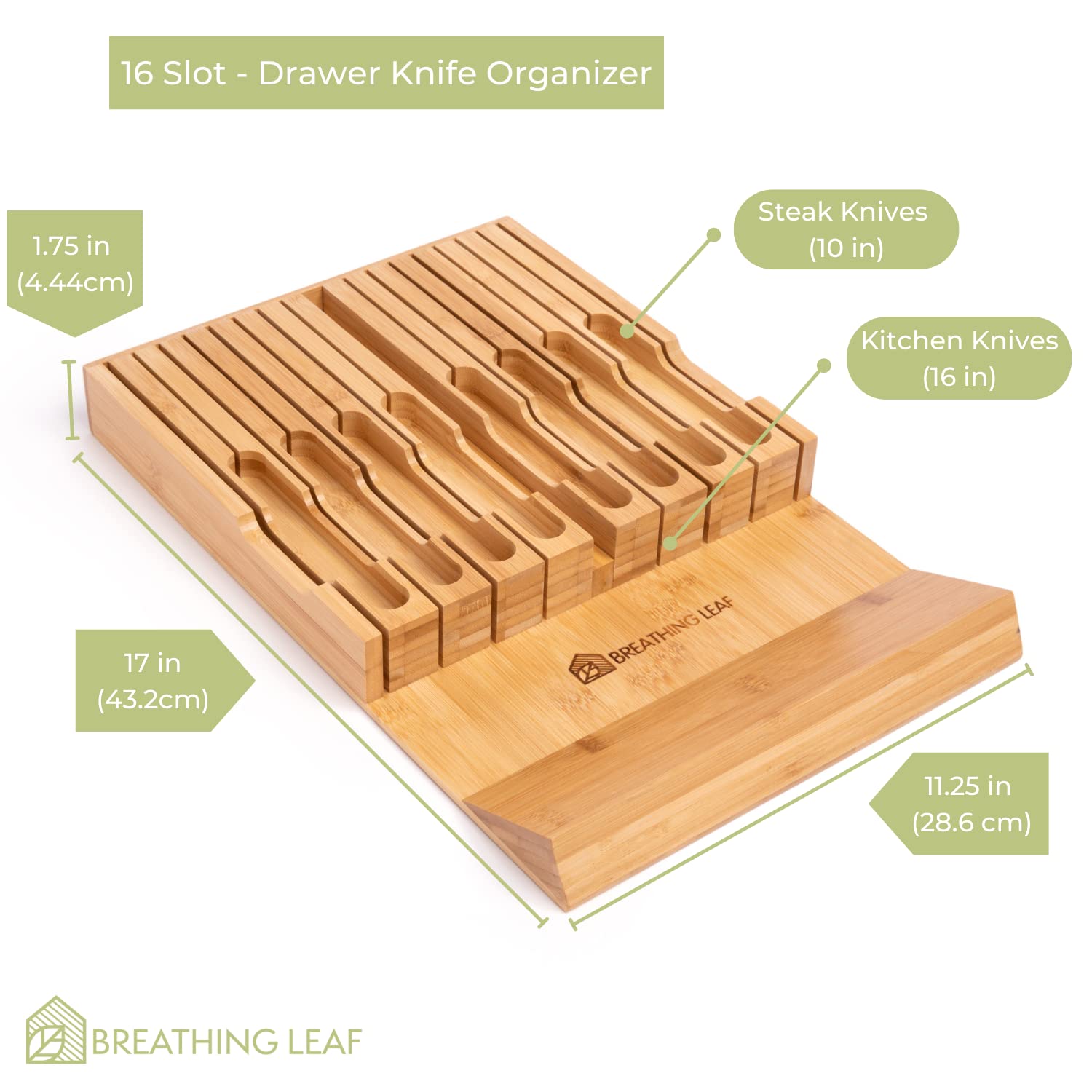 Drawer Knife Organizer - Bamboo Knife Block Insert - Holds 16 Knives + 1 Knife Sharpener (Knives Not Included) - Reliably Store, Secure & Organize Your Kitchen Knives In Cabinet - Free Up Counterspace