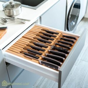 Drawer Knife Organizer - Bamboo Knife Block Insert - Holds 16 Knives + 1 Knife Sharpener (Knives Not Included) - Reliably Store, Secure & Organize Your Kitchen Knives In Cabinet - Free Up Counterspace