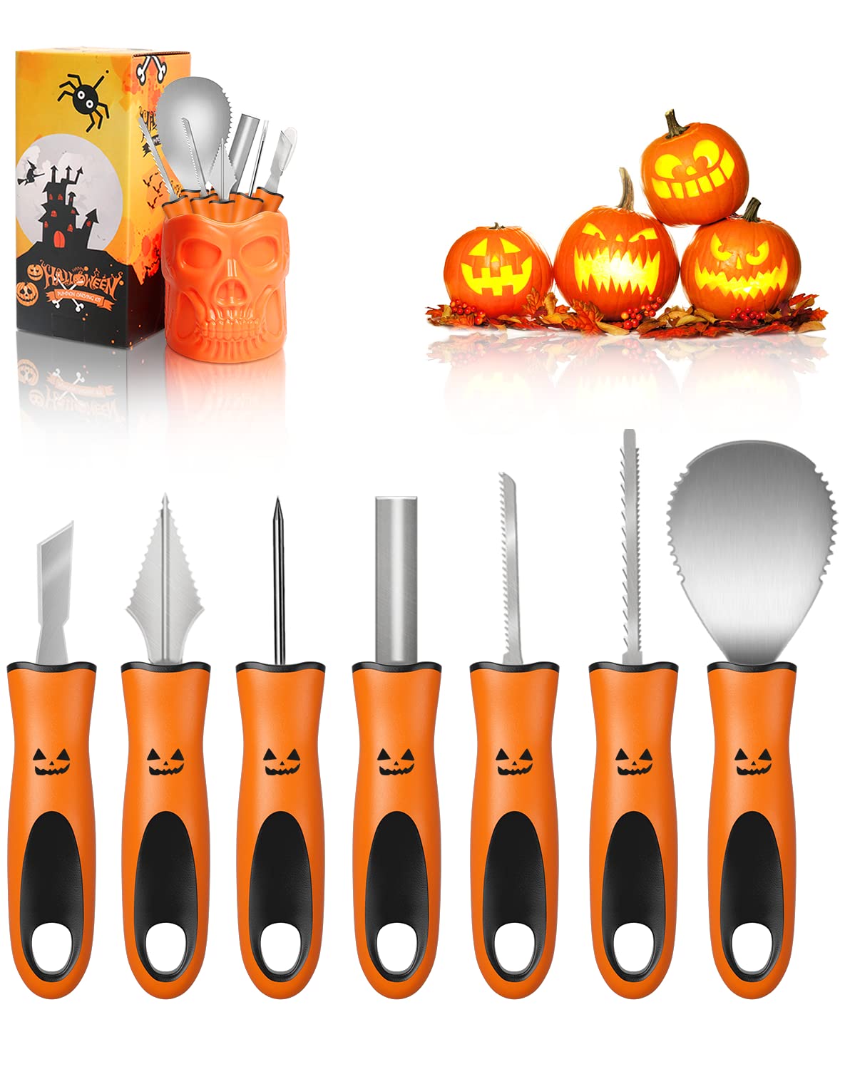Henscoqi Pumpkin Carving Kit 7 Packs Carving Tools Set, Pumpkin Carving Set Jack Lantern Sculpting Set with Heavy Duty Stainless Steel Durable Handle, Halloween Decoration Set with Storage Skull Cup