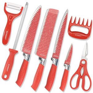 bssuperu red kitchen knife set with sharpener scissors, 8 pcs stainless steel solid sharp knives sets for kitchen with non stick coating & non slip handle