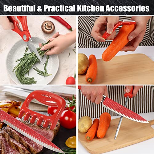 BSSuperU Red Kitchen Knife Set with Sharpener Scissors, 8 PCS Stainless Steel Solid Sharp Knives Sets for Kitchen with Non Stick Coating & Non Slip Handle