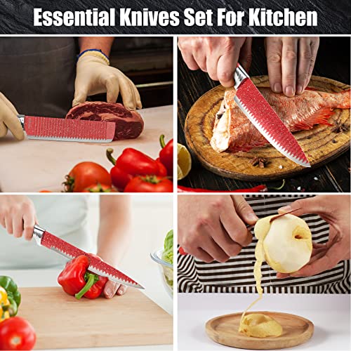 BSSuperU Red Kitchen Knife Set with Sharpener Scissors, 8 PCS Stainless Steel Solid Sharp Knives Sets for Kitchen with Non Stick Coating & Non Slip Handle