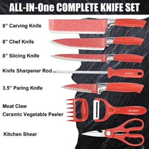 BSSuperU Red Kitchen Knife Set with Sharpener Scissors, 8 PCS Stainless Steel Solid Sharp Knives Sets for Kitchen with Non Stick Coating & Non Slip Handle