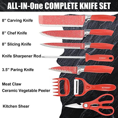 BSSuperU Red Kitchen Knife Set with Sharpener Scissors, 8 PCS Stainless Steel Solid Sharp Knives Sets for Kitchen with Non Stick Coating & Non Slip Handle