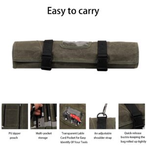 HERSENT Waxed Canvas Chef’s Knife Roll Bag,Army Green Knife Wrap,Portable Knife Roll, Waterproof Pocket Knife Carrier,Durable 16oz Knife Case With Adjustable Shoulder Strap