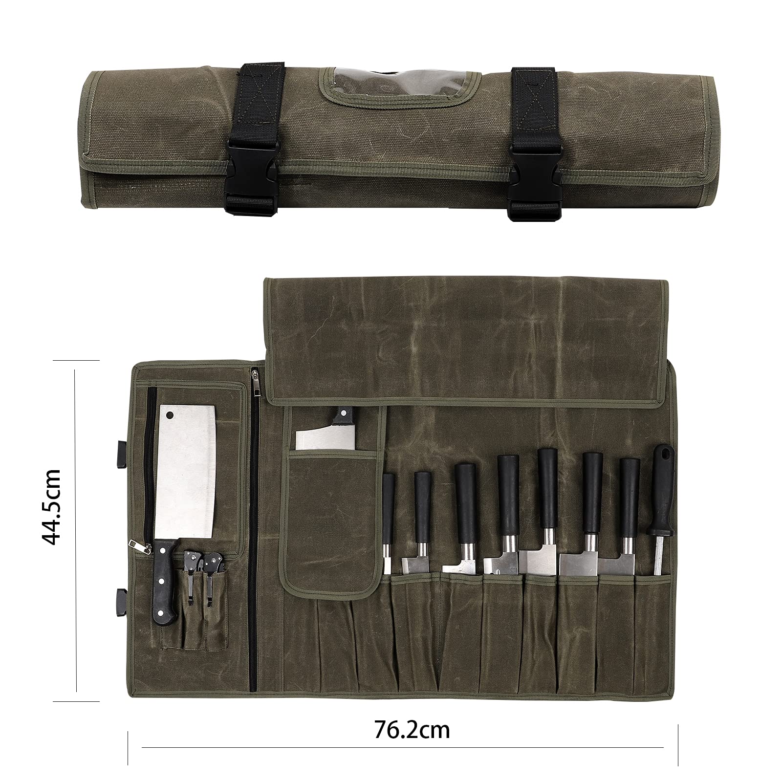 HERSENT Waxed Canvas Chef’s Knife Roll Bag,Army Green Knife Wrap,Portable Knife Roll, Waterproof Pocket Knife Carrier,Durable 16oz Knife Case With Adjustable Shoulder Strap