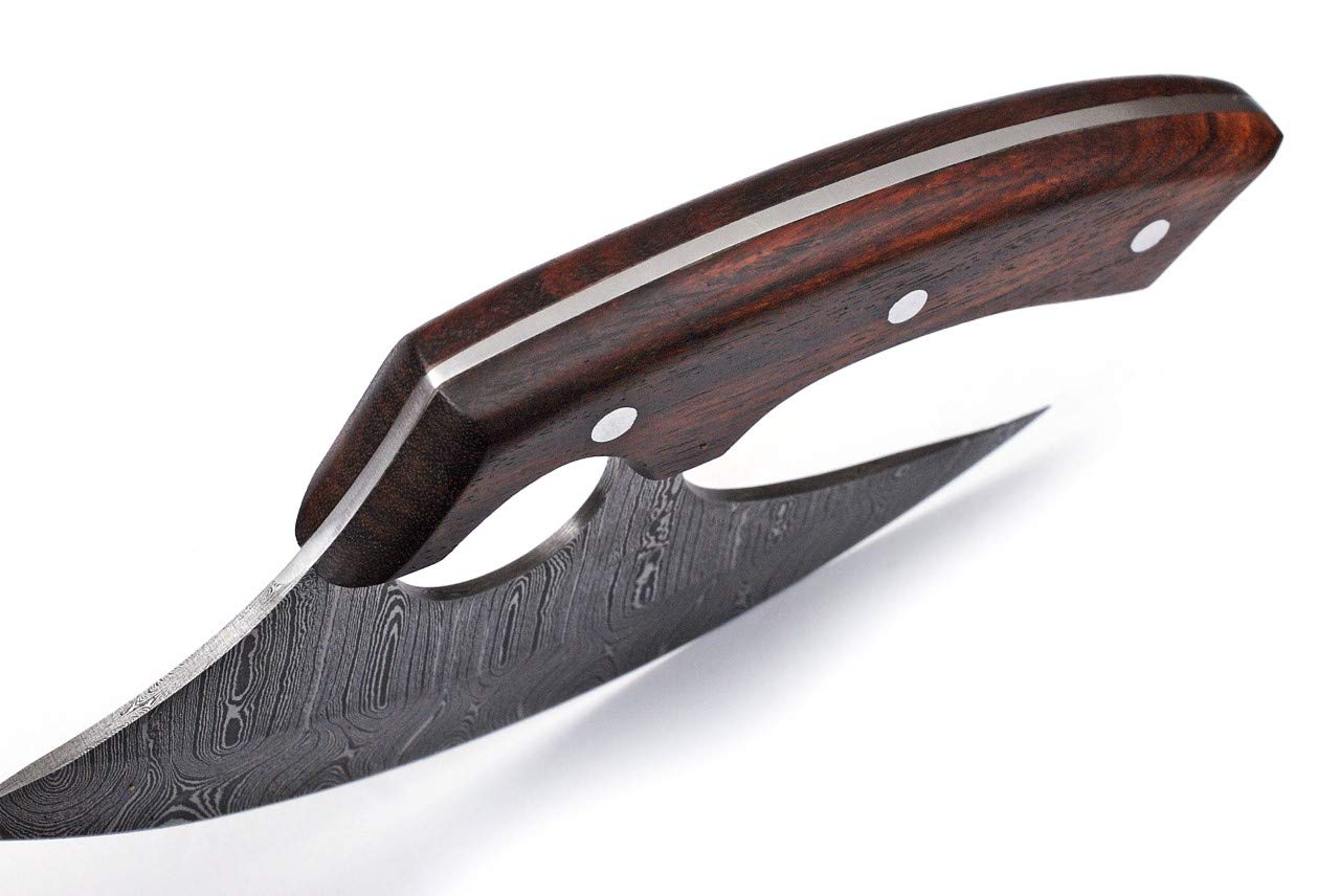 Super Knife Handmade Damascus Steel Ulu Knife - Fixed Blade knife for Chopping Boning Slicing Cutting ,Solid Rose Wood Handle with Leather Sheath, Wood,Steel