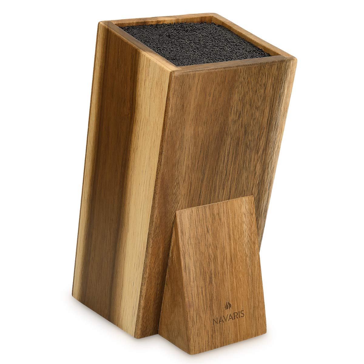 Navaris Universal Knife Block Holder - Acacia Wood Stand with Bristles to Fit Different Sizes of Knives - Angled Design, 9.8" x 5.9" x 4.1’"