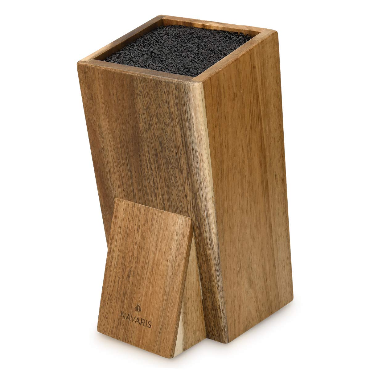 Navaris Universal Knife Block Holder - Acacia Wood Stand with Bristles to Fit Different Sizes of Knives - Angled Design, 9.8" x 5.9" x 4.1’"