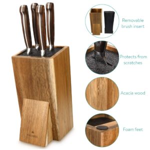 Navaris Universal Knife Block Holder - Acacia Wood Stand with Bristles to Fit Different Sizes of Knives - Angled Design, 9.8" x 5.9" x 4.1’"