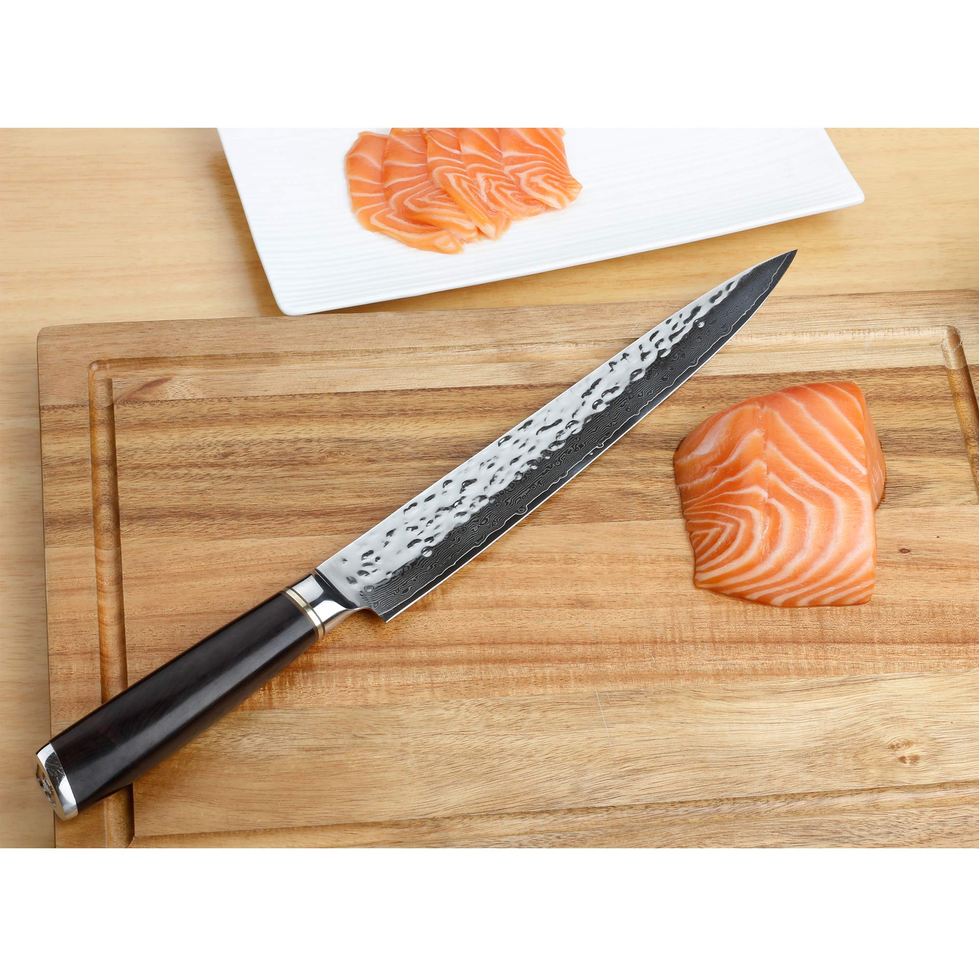 YOUSUNLONG Sashimi Knife 10 inch Fish Fillet Knife Yanagiba Slicer Sushi - Japanese Hammer Damascus Steel Blade - 254mm Right Handed Carving Knife - Natural Walnut Wood Sheath with Flannel Knife Bag