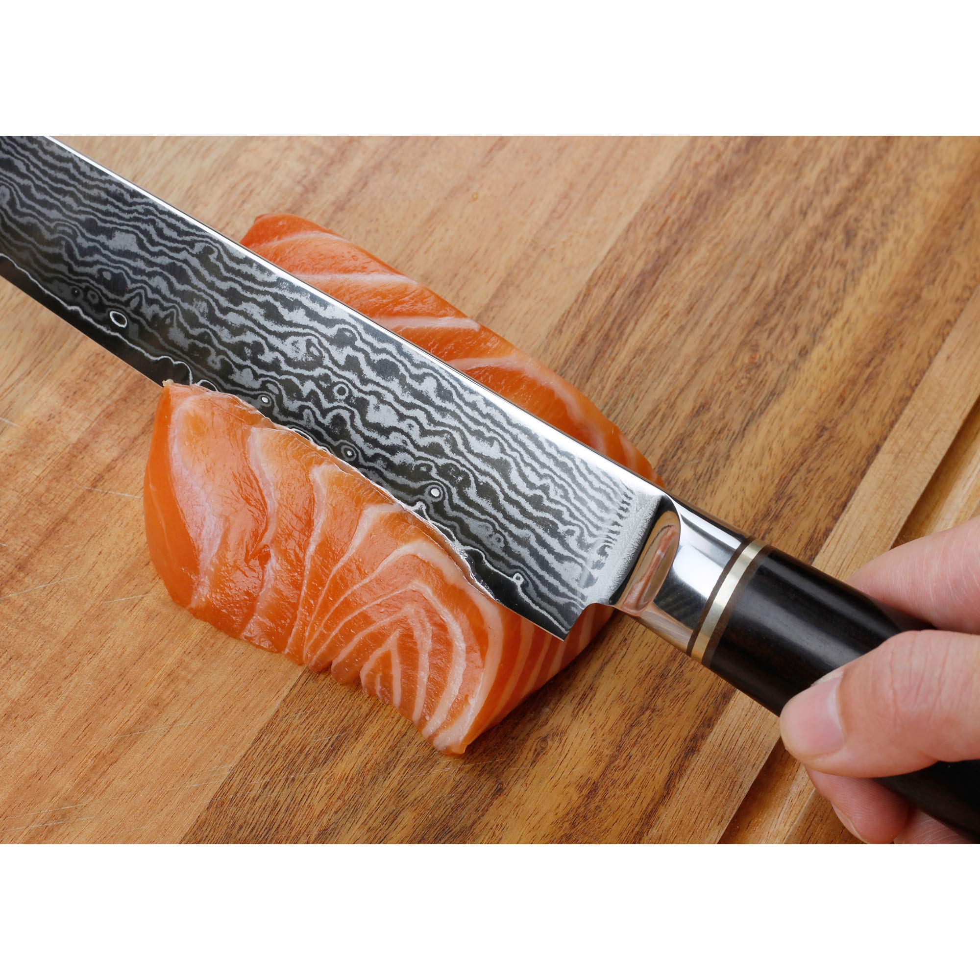 YOUSUNLONG Sashimi Knife 10 inch Fish Fillet Knife Yanagiba Slicer Sushi - Japanese Hammer Damascus Steel Blade - 254mm Right Handed Carving Knife - Natural Walnut Wood Sheath with Flannel Knife Bag