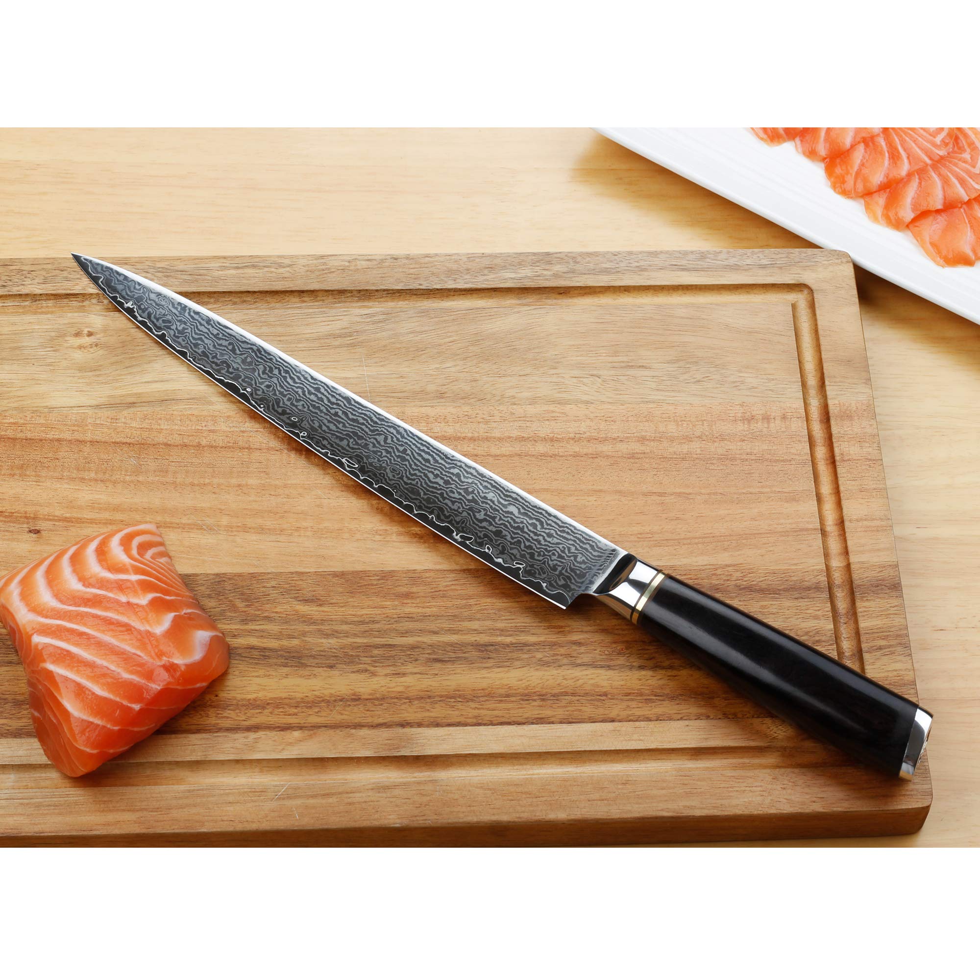 YOUSUNLONG Sashimi Knife 10 inch Fish Fillet Knife Yanagiba Slicer Sushi - Japanese Hammer Damascus Steel Blade - 254mm Right Handed Carving Knife - Natural Walnut Wood Sheath with Flannel Knife Bag