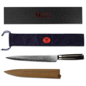 YOUSUNLONG Sashimi Knife 10 inch Fish Fillet Knife Yanagiba Slicer Sushi - Japanese Hammer Damascus Steel Blade - 254mm Right Handed Carving Knife - Natural Walnut Wood Sheath with Flannel Knife Bag