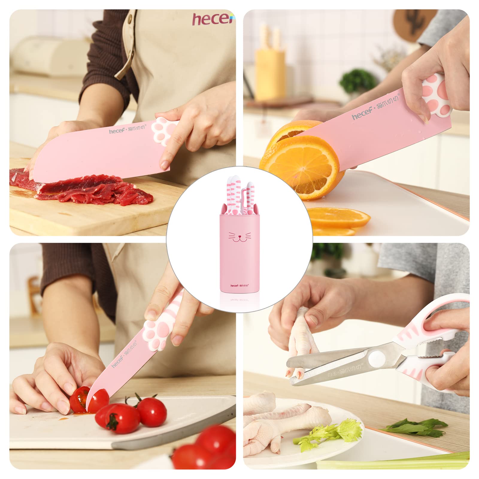 hecef Cute Kitchen Knife Set,5-piece Non-Stcik Knives Set with Detachable Block and Scissors,Sharp Kitchen Knives for Chopping, Slicing, Dicing and Cutting, Gift Housewarming Birthday (Pink)