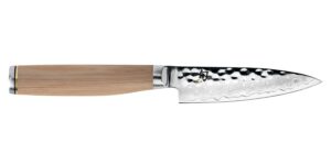 shun premier blonde paring knife, 4 inch vg-max stainless steel blade with tsuchime finish and pakkawood handle, cutlery handcrafted in japan, silver