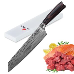 culitech chef knife, 9 inches german high carbon stainless steel damascus pattern kitchen knife with pakka wood handle for home and outdoor picnic use