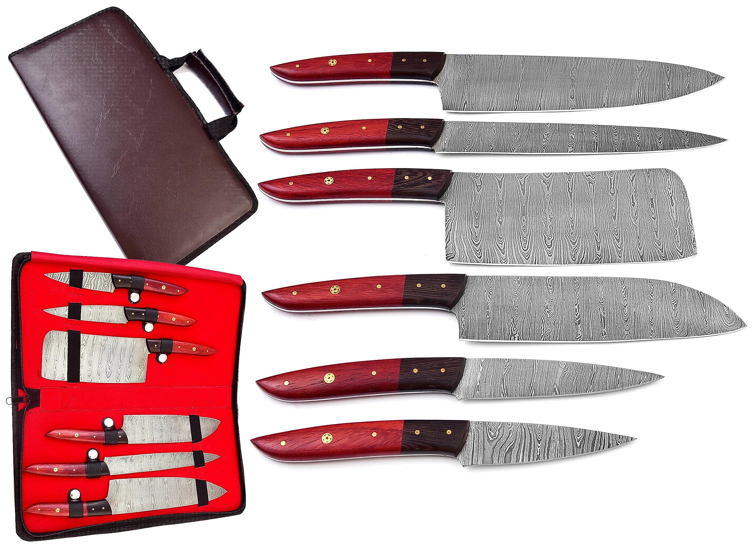 GladiatorsGuild G30 Professional Kitchen Knives Damascus Steel Utility Chef Kitchen Knife Set Red Patook & Wenge Wood with Chopper/Cleaver Pocket Case Chef Knife Roll Bag G30 (1030)