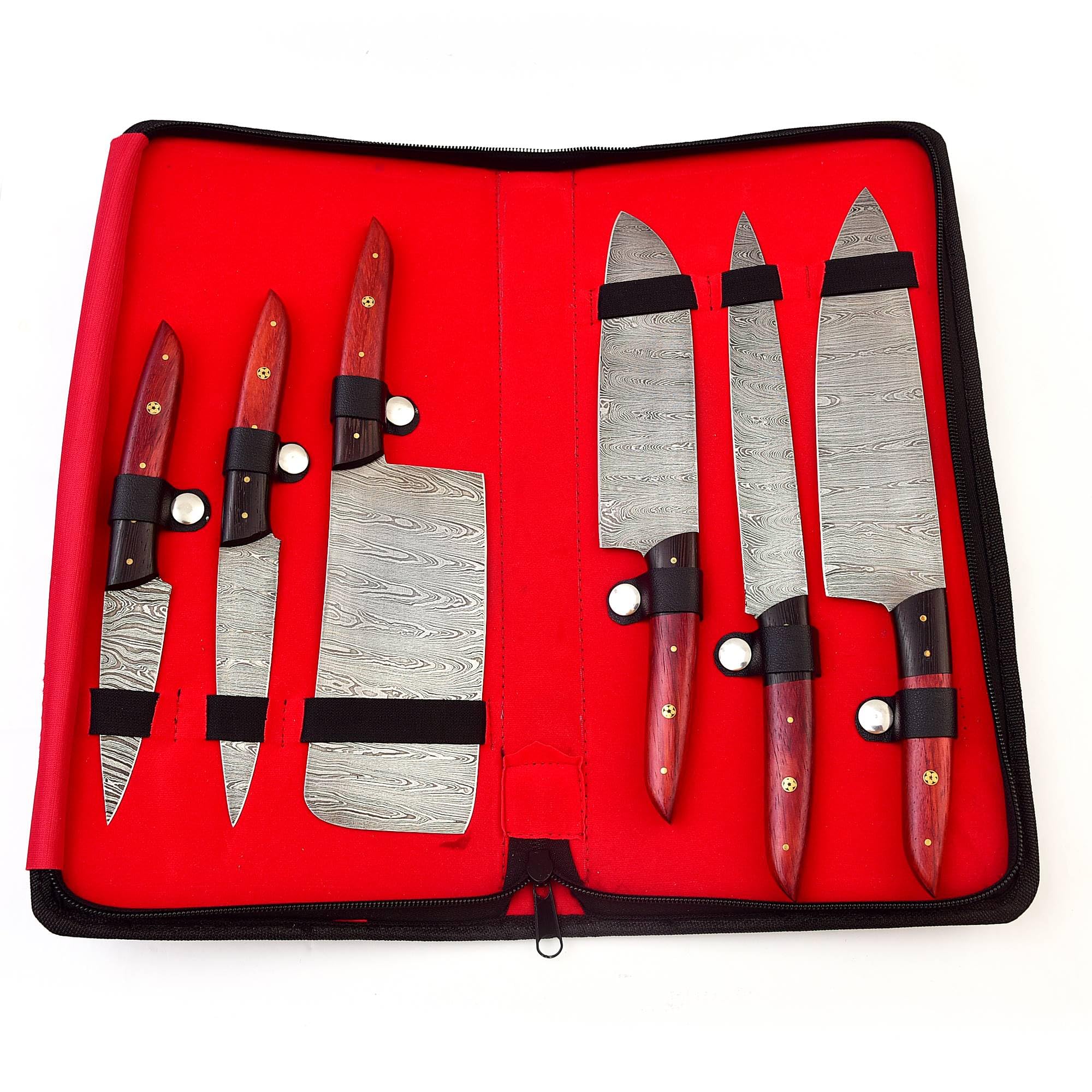 GladiatorsGuild G30 Professional Kitchen Knives Damascus Steel Utility Chef Kitchen Knife Set Red Patook & Wenge Wood with Chopper/Cleaver Pocket Case Chef Knife Roll Bag G30 (1030)