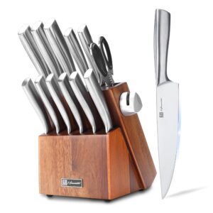 kitchen knife set, hanmaster 13 pieces stainless steel knife sets for kitchen with block, acacia wood knife block set with sharpener, gift box packed, silver.