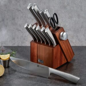 Kitchen Knife Set, Hanmaster 13 Pieces Stainless Steel Knife Sets for Kitchen with Block, Acacia Wood Knife Block Set with Sharpener, Gift Box Packed, Silver.