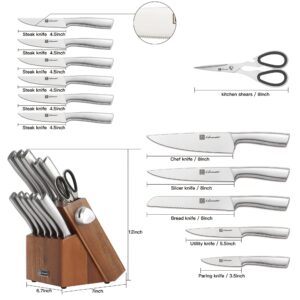 Kitchen Knife Set, Hanmaster 13 Pieces Stainless Steel Knife Sets for Kitchen with Block, Acacia Wood Knife Block Set with Sharpener, Gift Box Packed, Silver.