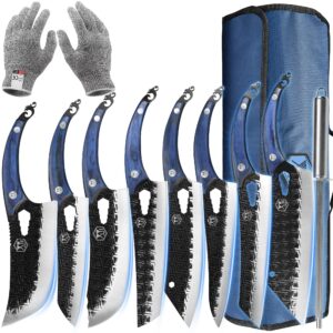 xyj 9pcs camping cleaver knives set,cooking chef knife with bag,sharpener,carving kitchen butcher knife,outdoor vegetable knives,full tang blue