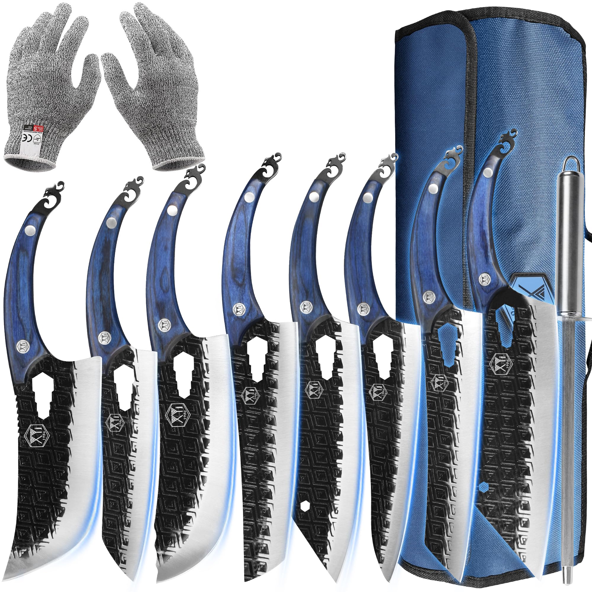 XYJ 9pcs Camping Cleaver Knives Set,Cooking Chef Knife With Bag,Sharpener,Carving Kitchen Butcher Knife,Outdoor Vegetable Knives,Full Tang Blue