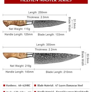 HEZHEN-67 LAYES Damascus Steel Kitchen Knife Set 2PCS,8.3'' Chef knife 5" Utility Knife Figured Sycamore Wood Handle with Gift Box