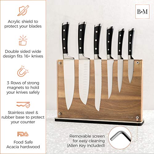 Stylish Large Magnetic Knife Holder - Holds 16+ Knives | Acacia Wooden Knife Block Without Knives | Wide Kitchen Magnetic Knife Holder | Double Sided Kitchen Knife Storage Organizer Block