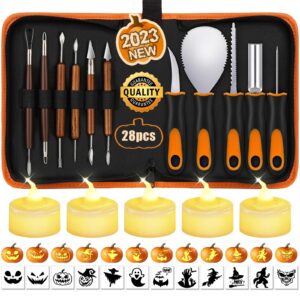 nesstu pumpkin carving kit with stencils, 28 pcs halloween pumpkin carving tools, professional pumpkin carving set, heavy duty stainless steel jack-o-lanterns pumpkin carving knife for kids adults