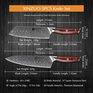 XINZUO 5-Piece Damascus Kitchen Knife Set, 67 Layer High Carbon Stainless Steel Forged Blade,Professional Chef Knife Set with Gift Box,Razor Sharp,Rosewood Handle - Yi Series