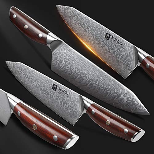 XINZUO 5-Piece Damascus Kitchen Knife Set, 67 Layer High Carbon Stainless Steel Forged Blade,Professional Chef Knife Set with Gift Box,Razor Sharp,Rosewood Handle - Yi Series