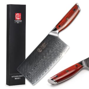 yarenh chinese cleaver knife, 7 inch professional kitchen knife, damascus steel blade, 67 layers, african sandalwood handle, suitable for cutting vegetables and meat, gift box packaging