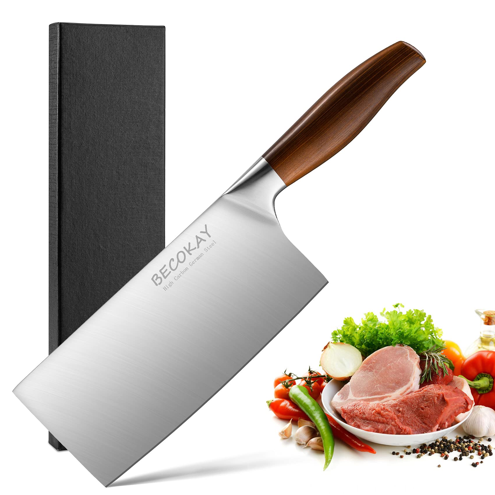 BECOKAY Meat Cleaver 7 inch Vegetable Cleaver Knife - Chinese Chef's Knife German High Carbon Stainless Steel Butcher Knife with Ergonomic Handle for Home Kitchen and Restaurant