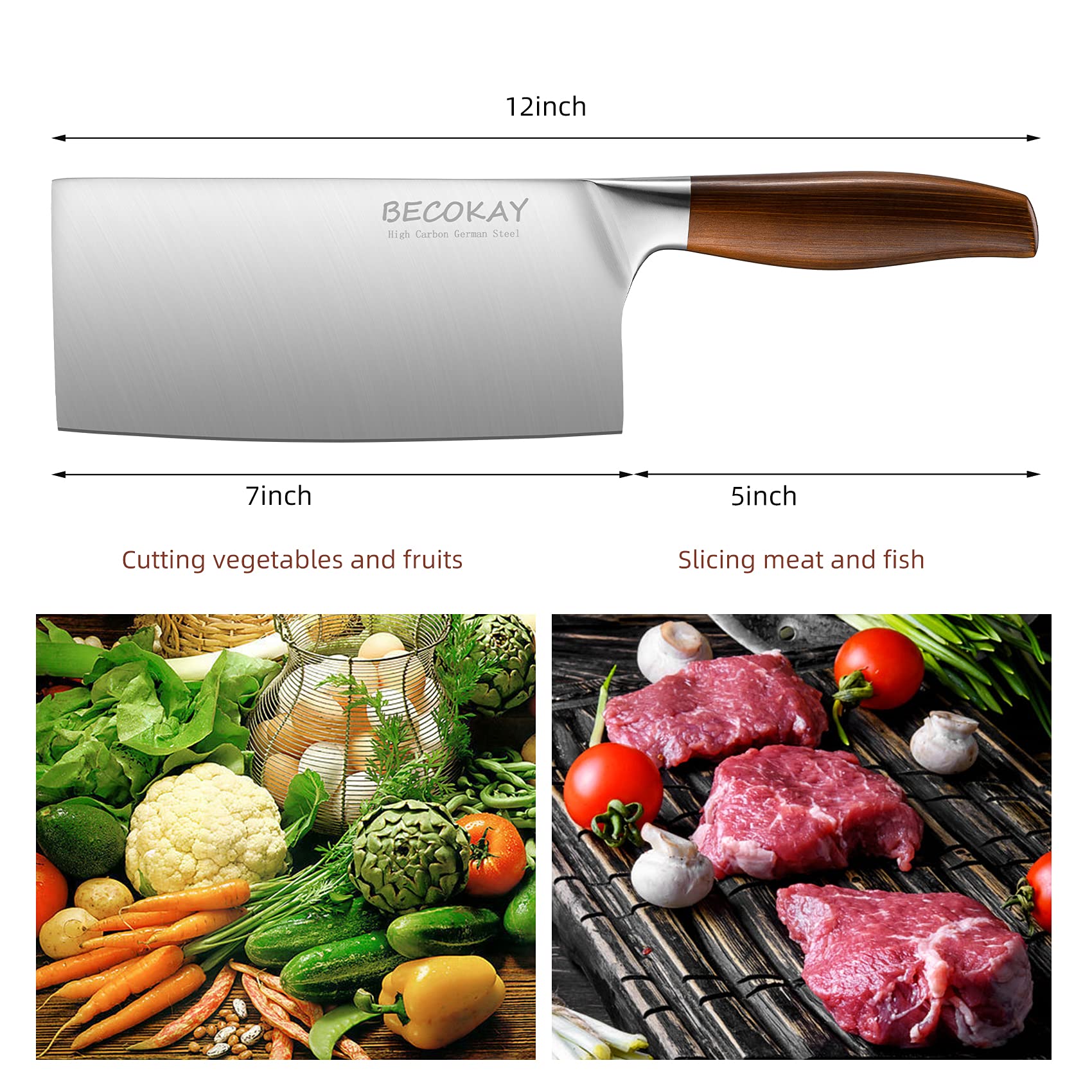 BECOKAY Meat Cleaver 7 inch Vegetable Cleaver Knife - Chinese Chef's Knife German High Carbon Stainless Steel Butcher Knife with Ergonomic Handle for Home Kitchen and Restaurant