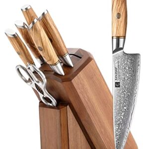 XINZUO 8-Piece Damascus kitchen Knife Set with Block& Kitchen Scissors, Hand Forged 73 Layer Damascus Powder Steel Professional Chef Knife Sets, Olive Wood Handle, Gift Box