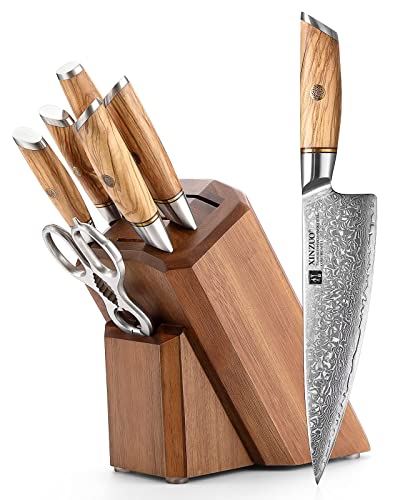 XINZUO 8-Piece Damascus kitchen Knife Set with Block& Kitchen Scissors, Hand Forged 73 Layer Damascus Powder Steel Professional Chef Knife Sets, Olive Wood Handle, Gift Box