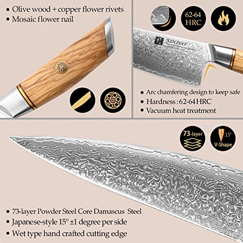 XINZUO 8-Piece Damascus kitchen Knife Set with Block& Kitchen Scissors, Hand Forged 73 Layer Damascus Powder Steel Professional Chef Knife Sets, Olive Wood Handle, Gift Box